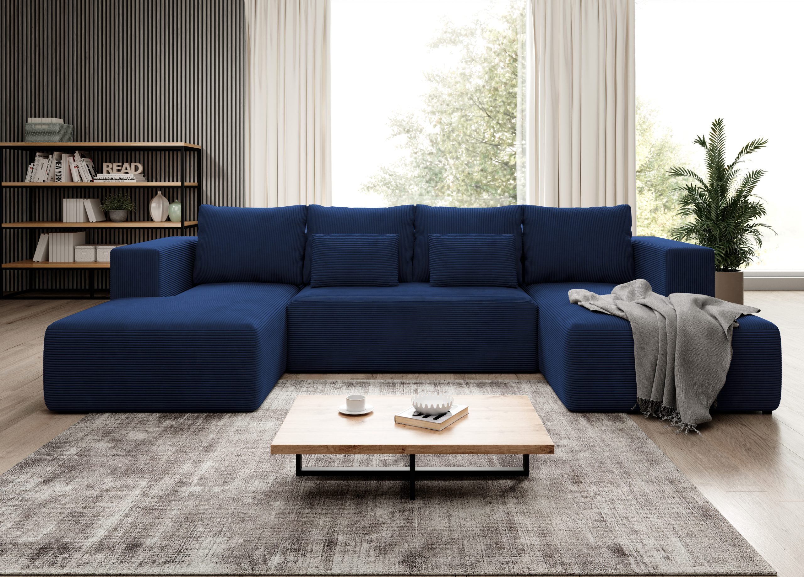 Narożnik z funkcją spania Stripes U-kształtny z pojemnikiem na pościel granatowy sztruks