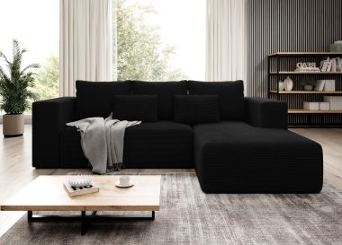 Narożnik z funkcją spania Stripes prawy L-kształtny z pojemnikiem na pościel czarny sztruks