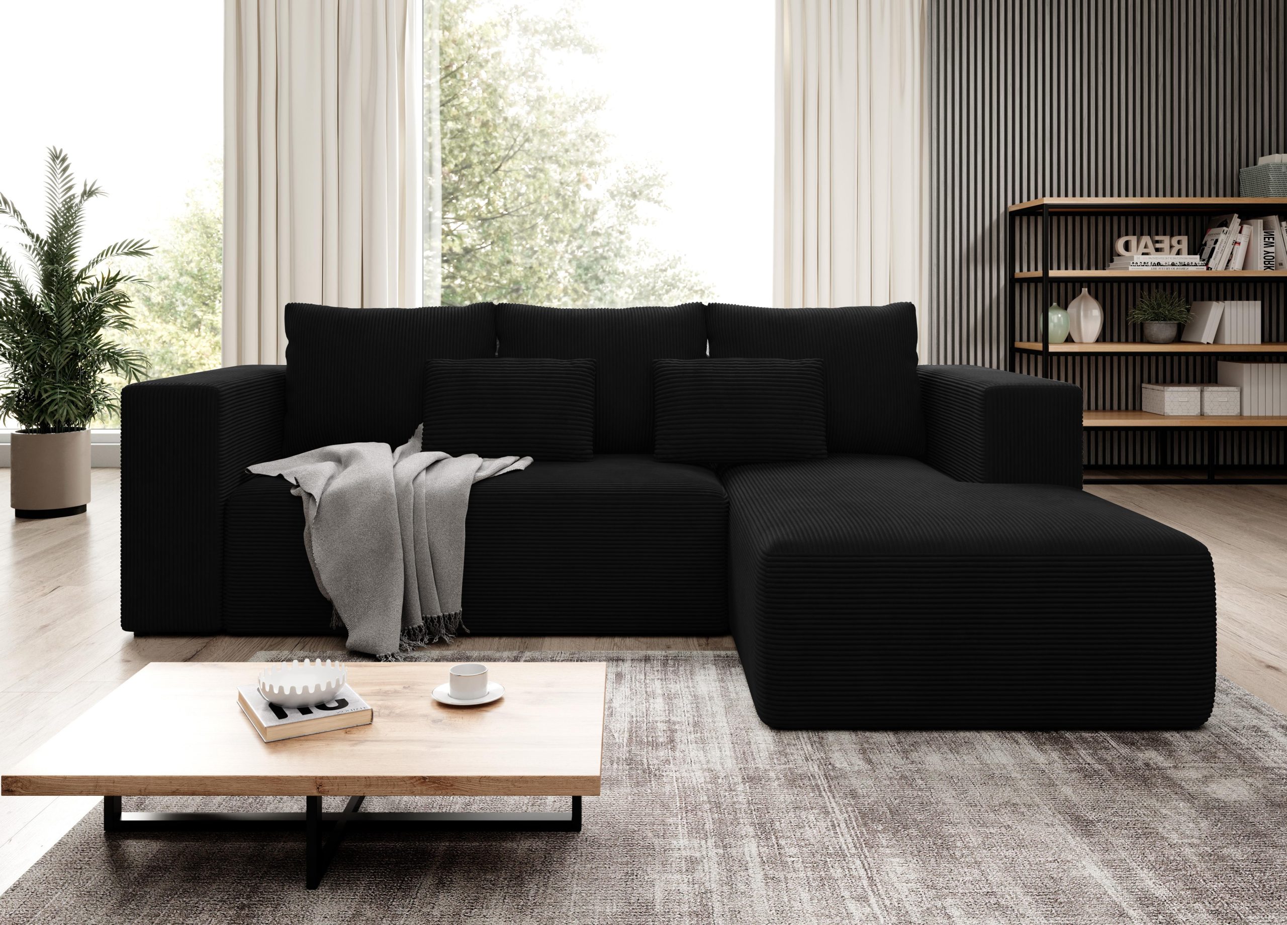 Narożnik z funkcją spania Stripes prawy L-kształtny z pojemnikiem na pościel czarny sztruks