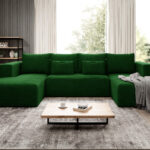 Narożnik z funkcją spania Stripes U-kształtny z pojemnikiem na pościel butelkowa zieleń sztruks