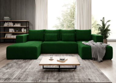 Narożnik z funkcją spania Stripes U-kształtny z pojemnikiem na pościel butelkowa zieleń sztruks