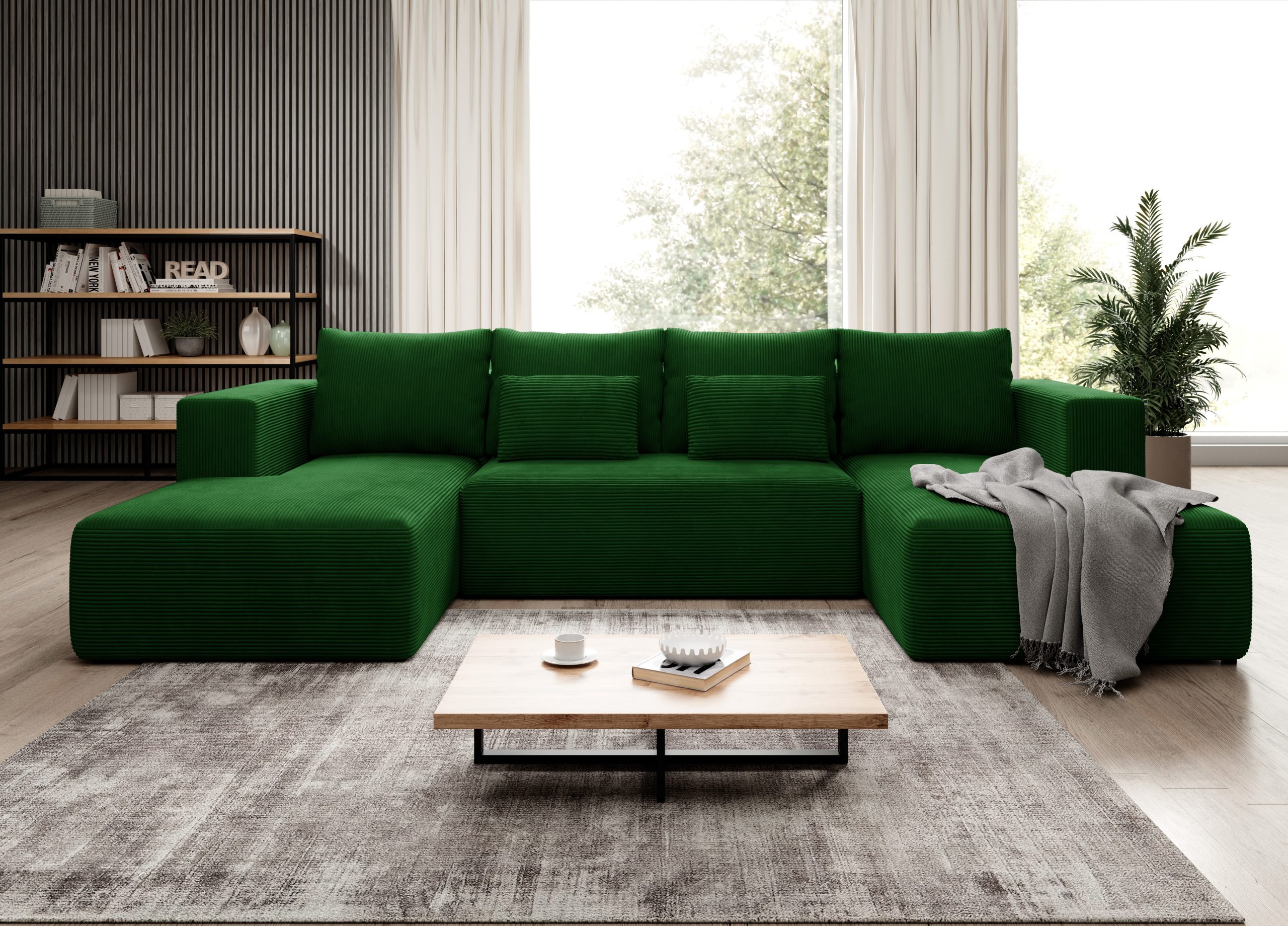 Narożnik z funkcją spania Stripes U-kształtny z pojemnikiem na pościel butelkowa zieleń sztruks