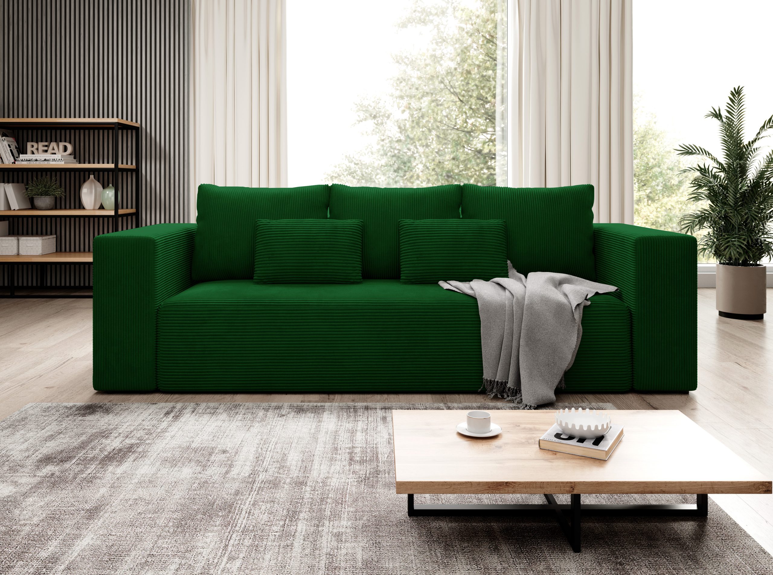 Kanapa z funkcją spania Stripes z pojemnikiem na pościel butelkowa zieleń sztruks