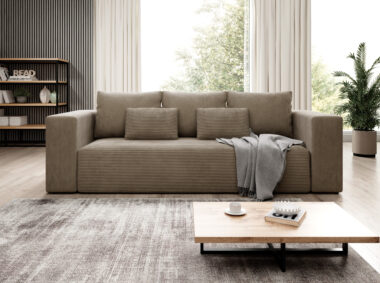 Kanapa z funkcją spania Stripes z pojemnikiem na pościel beżowy sztruks