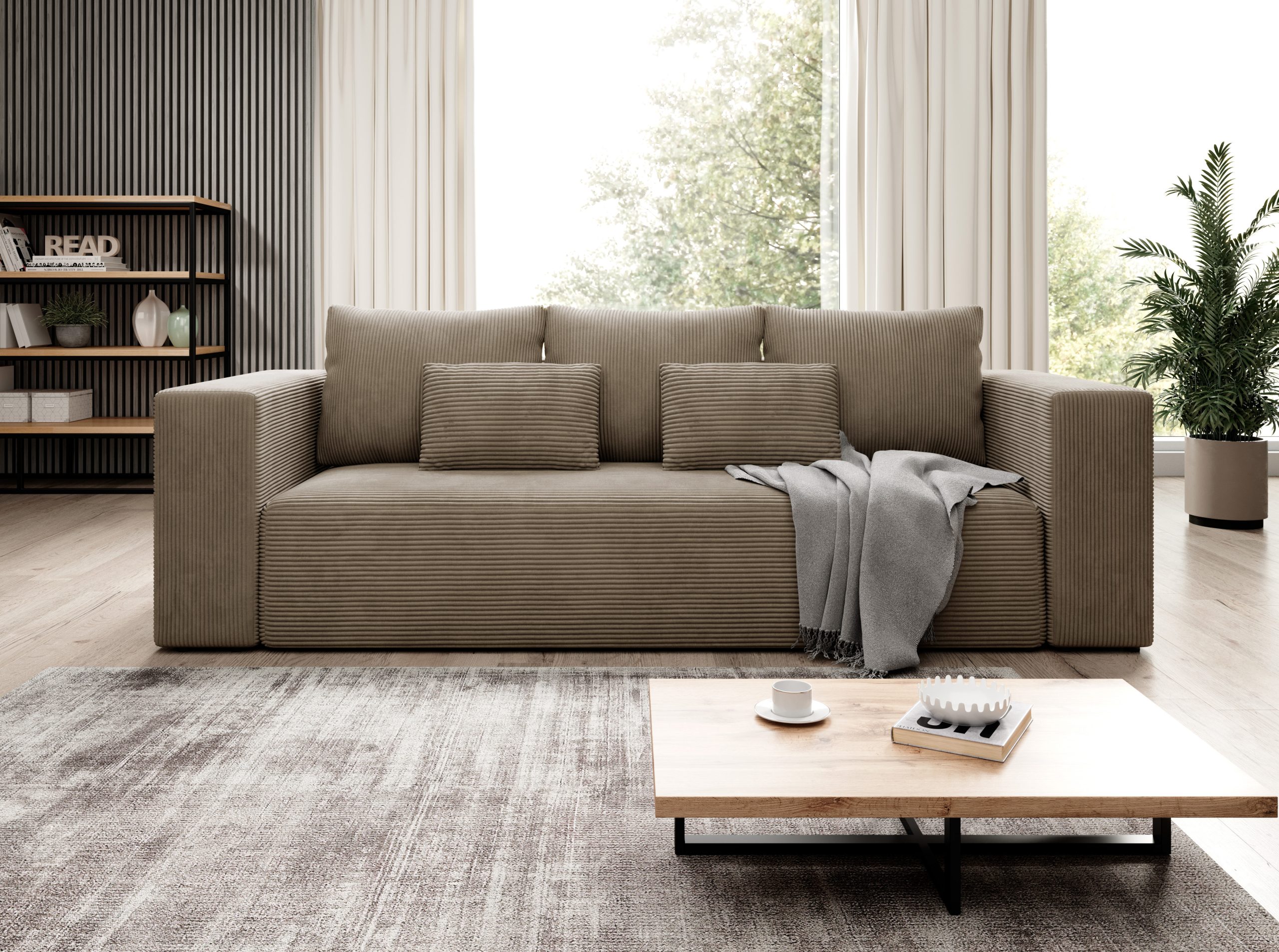 Kanapa z funkcją spania Stripes z pojemnikiem na pościel beżowy sztruks