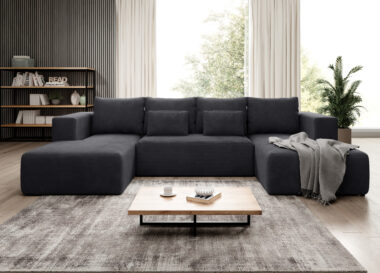 Narożnik z funkcją spania Stripes U-kształtny z pojemnikiem na pościel grafitowy sztruks