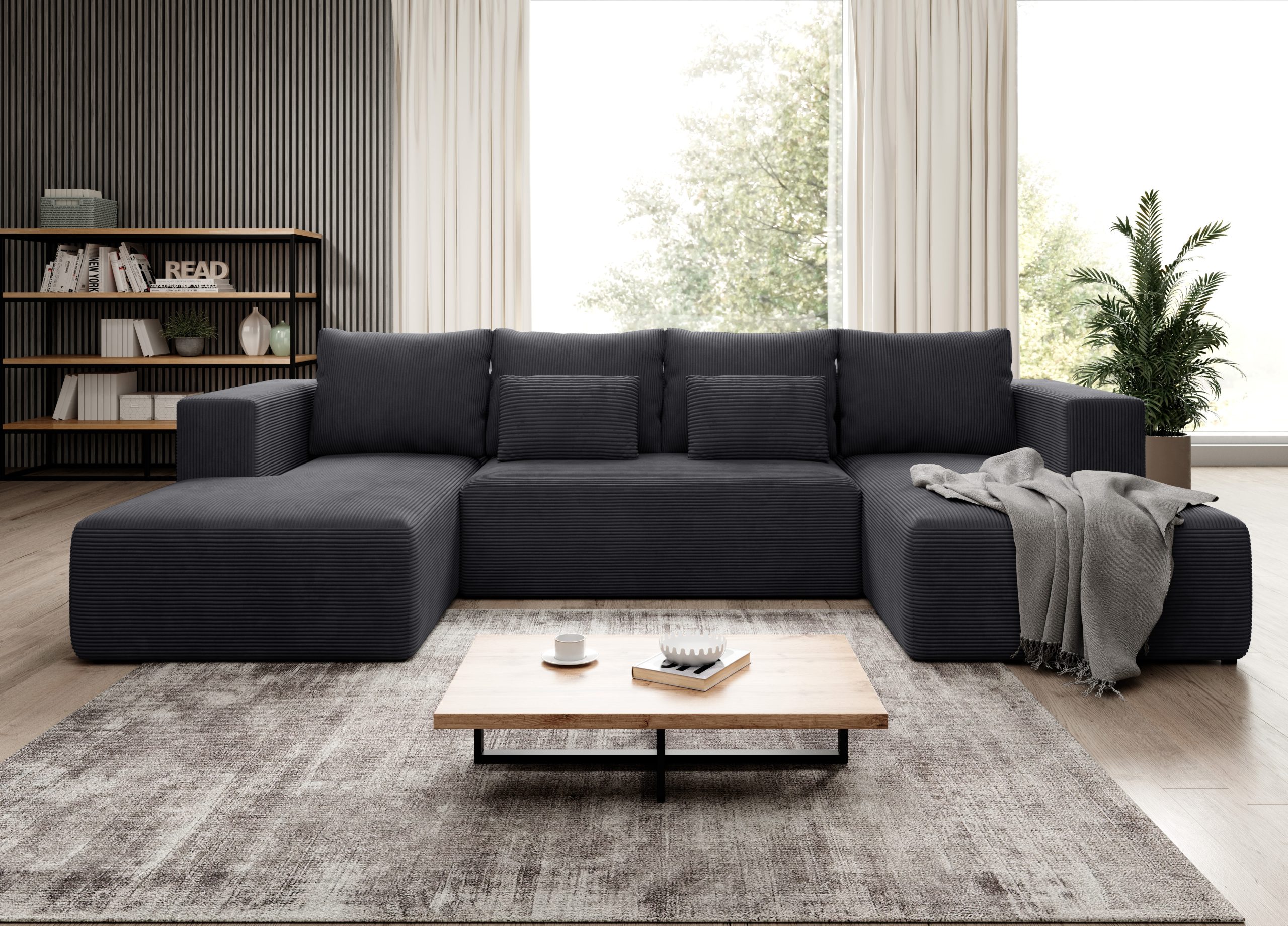 Narożnik z funkcją spania Stripes U-kształtny z pojemnikiem na pościel grafitowy sztruks