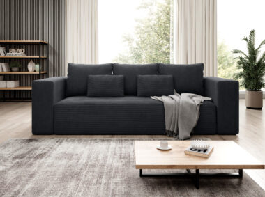 Kanapa z funkcją spania Stripes z pojemnikiem na pościel grafitowy sztruks