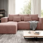 Narożnik z funkcją spania Stripes lewy L-kształtny z pojemnikiem na pościel pastelowy różowy sztruks