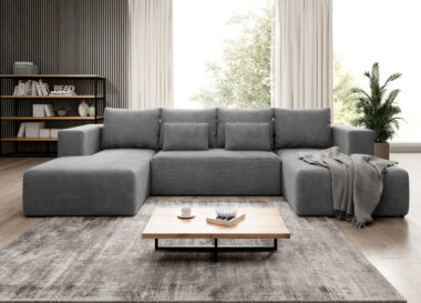 Narożnik z funkcją spania Stripes U-kształtny z pojemnikiem na pościel szary sztruks