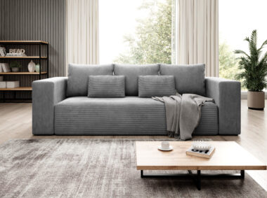 Kanapa z funkcją spania Stripes z pojemnikiem na pościel szary sztruks