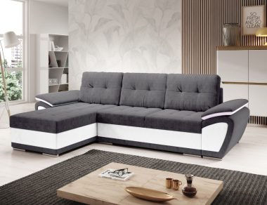 Narożnik z funkcją spania Enzo unniwersalny L-kształtny z pojemnikiem na pościel szary welur z białą ekoskórą