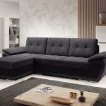 Narożnik z funkcją spania Enzo uniwersalny L-kształtny z pojemnikiem na pościel szary welur z czarną ekoskórą