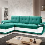 Narożnik z funkcją spania Enzo uniwersalny L-kształtny z pojemnikiem na pościel turkusowy welur z białą ekoskórą