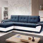 Narożnik z funkcją spania Enzo uniwersalny L-kształtny z pojemnikiem na pościel granatowy welur z białą ekoskórą