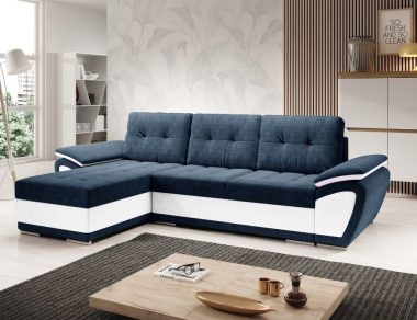 Narożnik z funkcją spania Enzo uniwersalny L-kształtny z pojemnikiem na pościel granatowy welur z białą ekoskórą