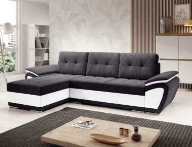 Narożnik z funkcją spania Enzo uniwersalny L-kształtny z pojemnikiem na pościel czarny welur z białą ekoskórą