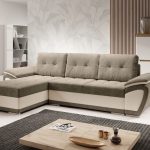 Narożnik z funkcją spania Enzo uniwersalny L-kształtny z pojemnikiem na pościel beżowy welur z beżową ekoskórą