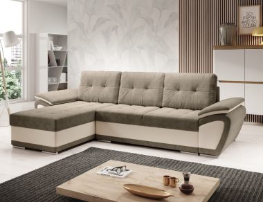 Narożnik z funkcją spania Enzo uniwersalny L-kształtny z pojemnikiem na pościel beżowy welur z beżową ekoskórą