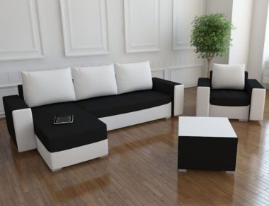 Komplet wypoczynkowy Mojito narożnik lewy L-kształtny, fotel i pufa czarno-biały plusz