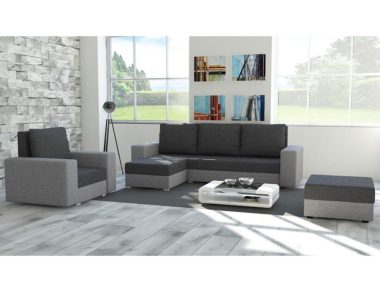 Komplet wypoczynkowy Mojito narożnik lewy L-kształtny, fotel i pufa szara plecionka