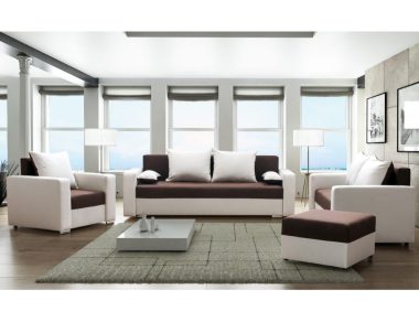 Komplet wypoczynkowy Costa Brava kanapa 3-os., kanapa 2-os., fotel i pufa brązowy plusz z białą ekoskórą