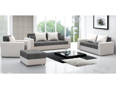 Komplet wypoczynkowy Costa Brava kanapa 3-os., kanapa 2-os., fotel i pufa grafitowy plusz z białą ekoskórą