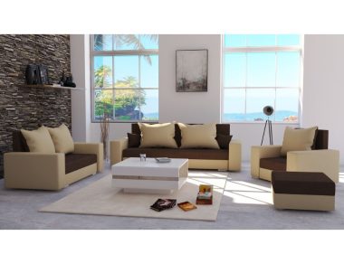 Komplet wypoczynkowy Costa Brava kanapa 3-os., kanapa 2-os., fotel i pufa brązowy plusz z beżową ekoskórą