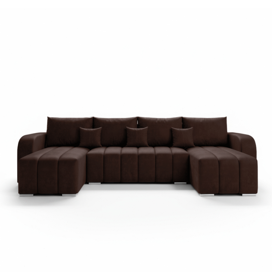 Narożnik z funkcją spania Pufetto U-kształtny z pojemnikiem na pościel brązowy welur