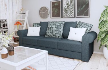 Kanapa z funkcją spania Sofia z pojemnikiem na pościel niebieska plecionka