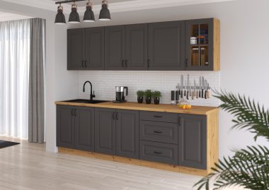Nowoczesne meble kuchenne Stilo w kolorze dąb artisan oraz grafit idealne do mieszkania