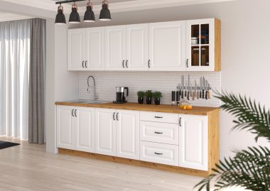 Jasne meble kuchenne Stilo w kolorach dąb artisan oraz biały idealne do kawalerki