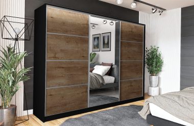 Szafa trzydrzwiowa przesuwna VIP 270 cm z lustrem i szufladami dąb lefkas