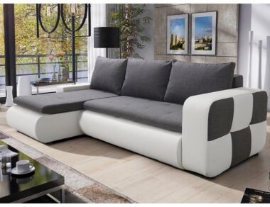 Narożnik z funkcją spania Bronx lewy L-kształtny z pojemnikiem na pościel szara plecionka z białą ekoskórą