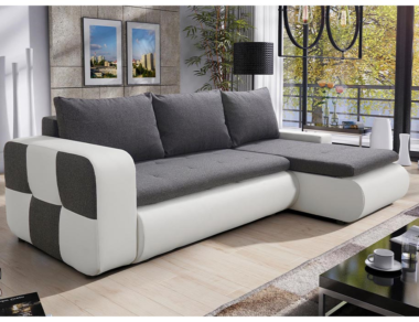 Narożnik z funkcją spania Bronx prawy L-kształtny z pojemnikiem na pościel szara plecionka z białą ekoskórą