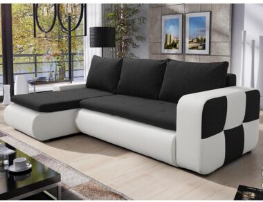 Narożnik z funkcją spania Bronx lewy L-kształtny z pojemnikiem na pościel czarna plecionka z białą ekoskórą