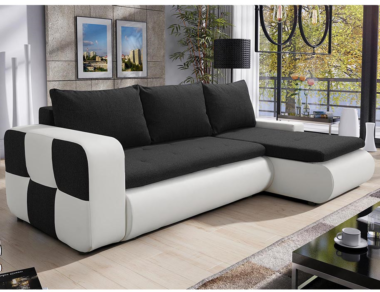 Narożnik z funkcją spania Bronx prawy L-kształtny z pojemnikiem na pościel czarna plecionka z białą ekoskórą