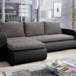 Narożnik z funkcją spania Brooklyn lewy L-kształtny z pojemnikiem na pościel szara plecionka z czarną ekoskórą