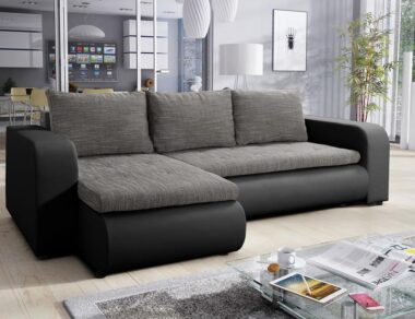 Narożnik z funkcją spania Brooklyn lewy L-kształtny z pojemnikiem na pościel szara plecionka z czarną ekoskórą