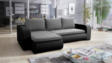 Narożnik z funkcją spania Brooklyn lewy L-kształtny z pojemnikiem na pościel szara plecionka z czarną ekoskórą