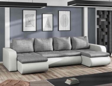 Narożnik z funkcją spania Brooklyn U-kształtny z pojemnikiem na pościel szara plecionka z białą ekoskórą