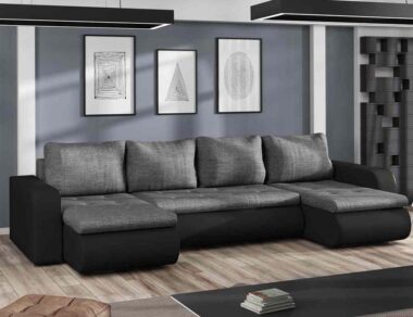 Narożnik z funkcją spania Brooklyn U-kształtny z pojemnikiem na pościel szara plecionka z czarną ekoskórą