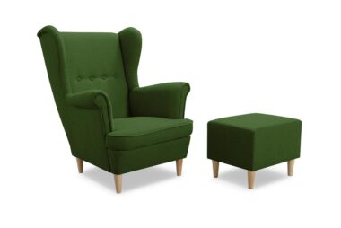 Fotel Uszak z podnóżkiem butelkowa zieleń plecionka