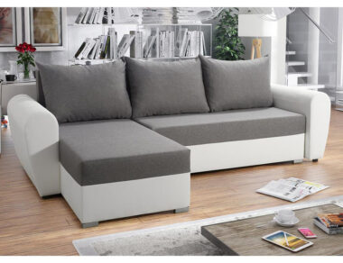 Narożnik z funkcją spania Fiesta lewy L-kształtny z pojemnikiem na pościel szara plecionka z białą ekoskórą