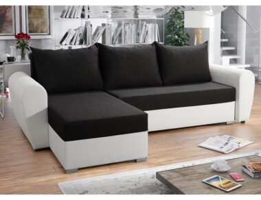 Narożnik z funkcją spania Fiesta lewy L-kształtny z pojemnikiem na pościel szara plecionka z czarną ekoskórą