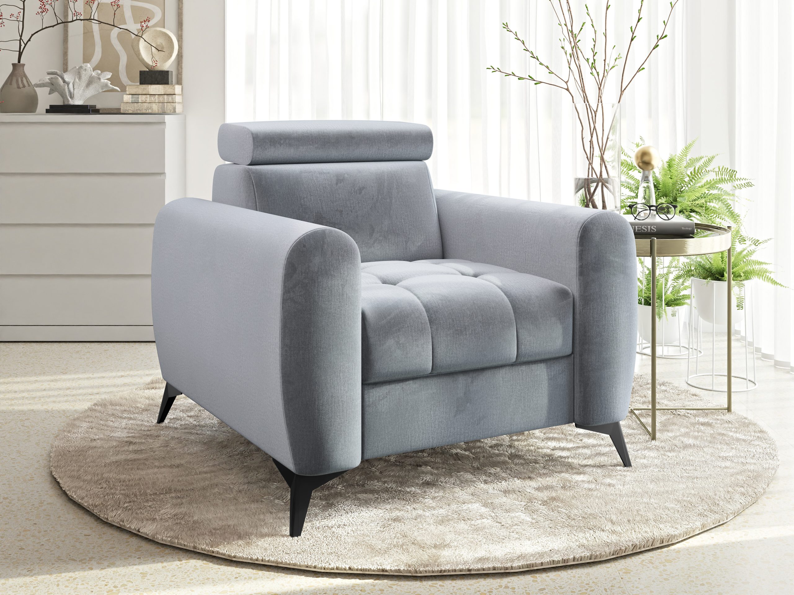 Fotel Bjorn z regulowanym zagłówkiem szary welur