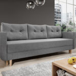 Kanapa z funkcją spania Baldur z pojemnikiem na pościel szara plecionka