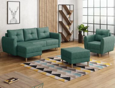 Komplet wypoczynkowy Manstad narożnik lewy L-kształtny, fotel i pufa turkusowa plecionka