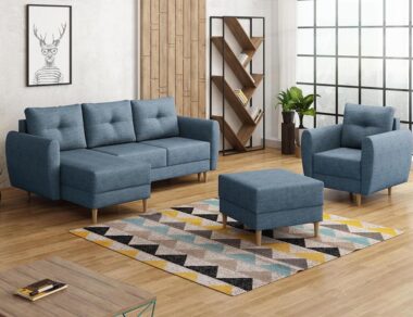 Komplet wypoczynkowy Manstad narożnik lewy L-kształtny, fotel i pufa niebieska plecionka