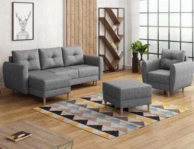 Komplet wypoczynkowy Manstad narożnik lewy L-kształtny, fotel i pufa szara plecionka